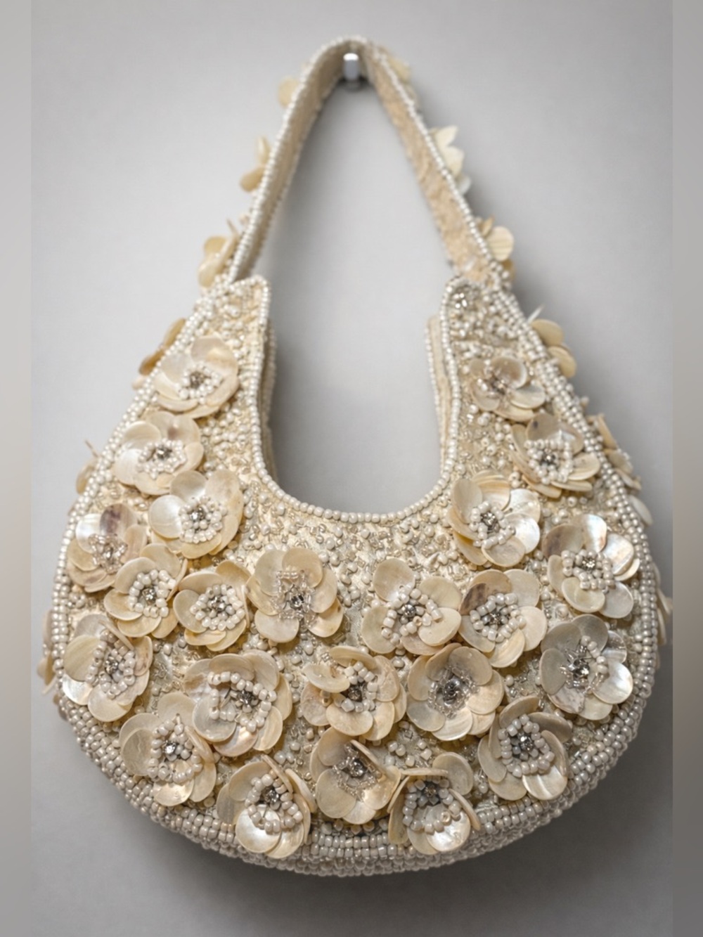 Cream Beaded Floral Shoulder Bag